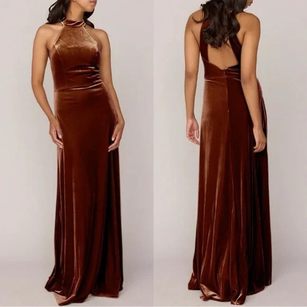 Revelry Tori Velvet Dress Rust Halter Lined Bridesmaid/ Formal Size 8 - Picture 2 of 10
